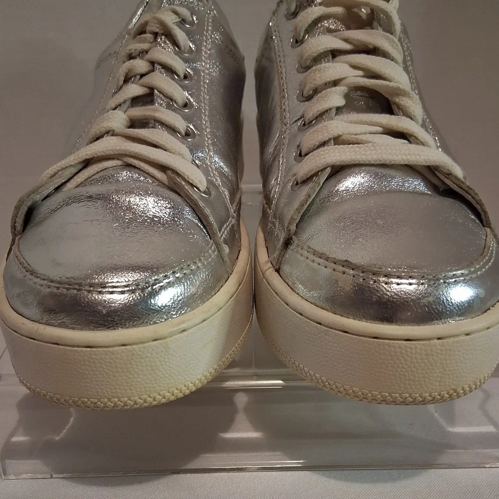 Free People US 7 EU 38 Silver Metallic Platform Leather Sneakers Shoes Women's